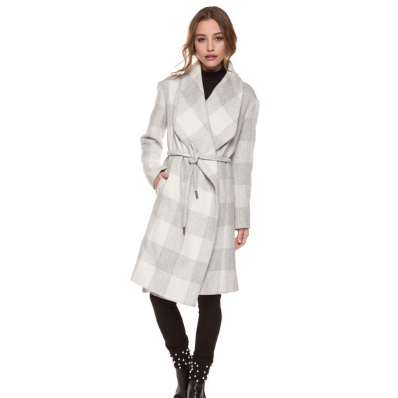 BNWT Dex, size M, Stylish Gray/ Ivory Tartan Plaid Wrap Coat. Belted, Wool blend - Picture 1 of 9